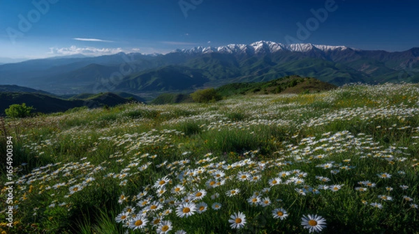 Fototapeta A large grassland with many white daisies blooming on the surface, overlooking mountains in a blue sky and clear weather. In front is an endless green meadow, which offers a wide view