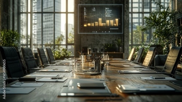 Fototapeta Large conference room with a projector screen showing graphs and charts. The room is filled with chairs and tables, and there are potted plants in the background. The atmosphere is professional