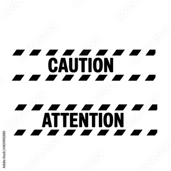 Obraz Black caution and attention text with hazard stripes warning safety