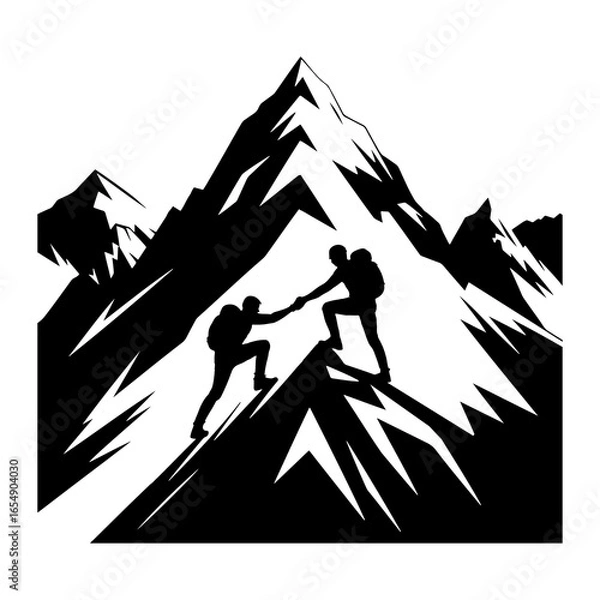 Fototapeta Climbers helping each other ascend a jagged mountain peak mountain climbing teamwork