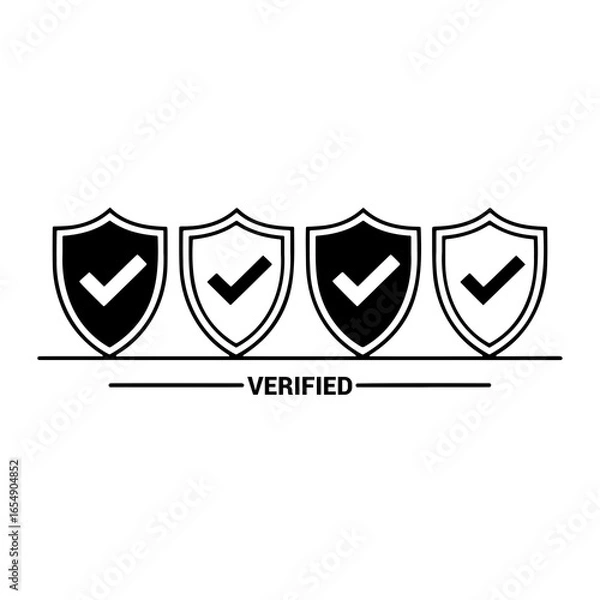 Fototapeta Four shields with check marks and verified text approval security