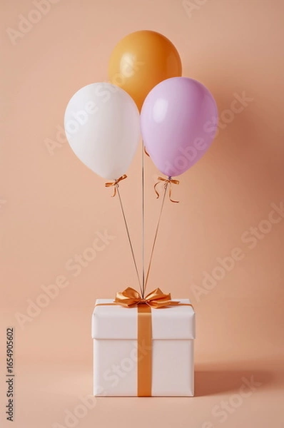 Fototapeta Gift Box With Golden Ribbon And Three Colorful Balloons On Pastel Peach Background Celebration Decoration For Birthday Party Event And Festive Design