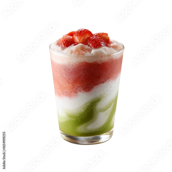 Fototapeta Layered Strawberry, Cream, and Matcha Smoothie in Glass