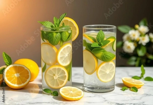Obraz Refreshing lemon cucumber mint ginger infused water on marble Summer detox hydration,   healthy food,   antioxidants