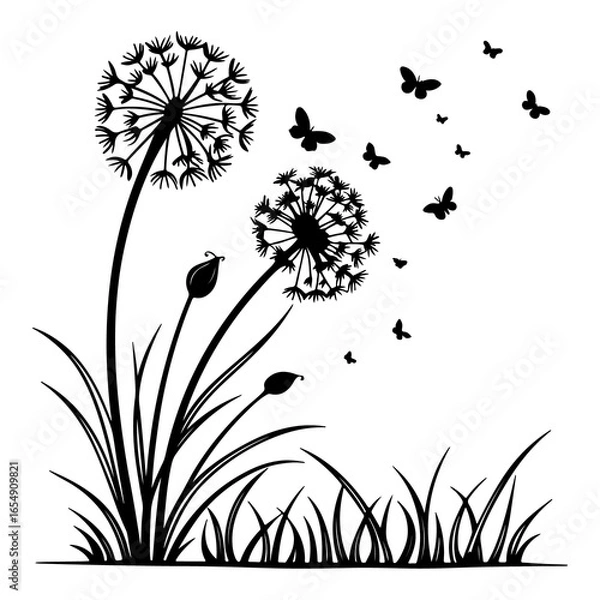 Fototapeta Delicate black and white illustration of two mature dandelions with seeds blowing away in the wind accompanied by small flying butterflies in a grassy field
