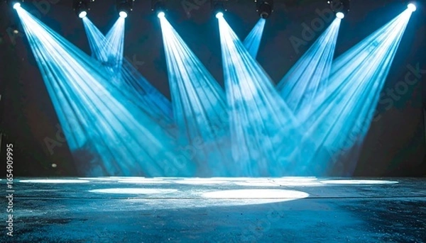 Obraz A dramatic stage setting illuminated by intense spotlights, casting a vibrant blue glow.