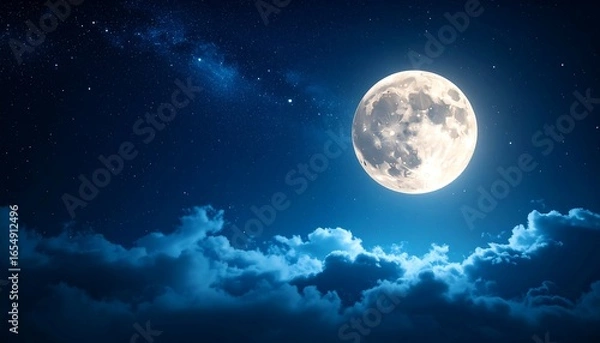 Fototapeta A luminous full moon shines brightly over a night sky filled with stars and clouds.