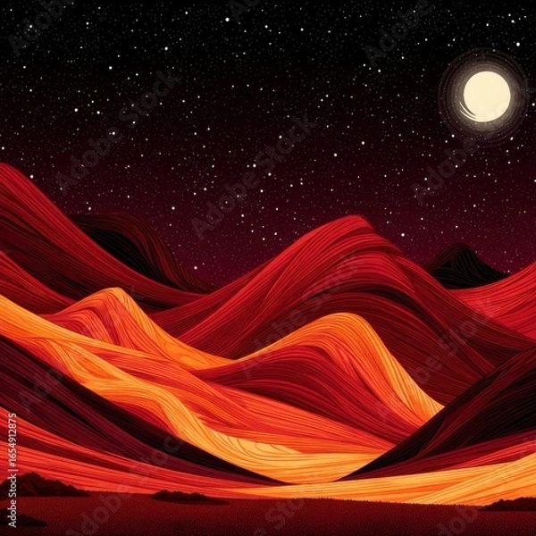 Fototapeta Graphic illustration of red and orange desert mountains under a starry night sky with a bright full moon, artistic landscape