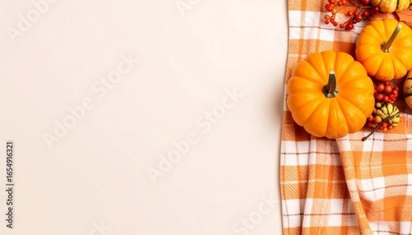 Obraz Pumpkin with Orange colored Blanket. Fall themed Banner with copy-space.