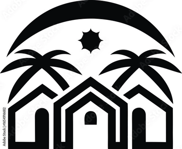 Fototapeta Tropical beach houses scene with palm trees and ocean view