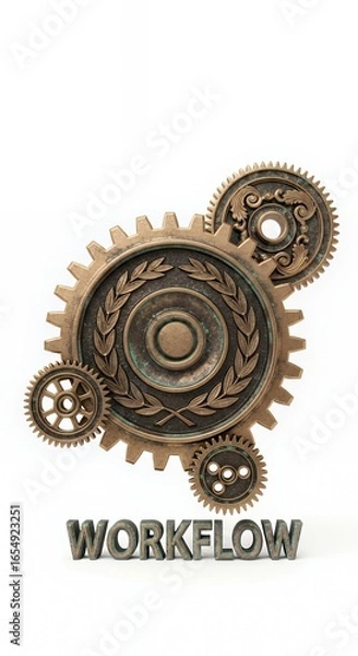Fototapeta "WORKFLOW" Text with Ornate Antique Bronze Gears on White Background, Symbolizing Business Process and Efficiency