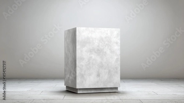 Fototapeta Concrete cube display stands alone in minimalist studio setting, product placement, eye level shot, neutral background, stone floor