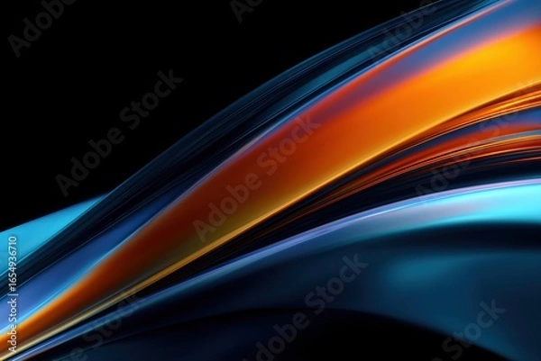 Fototapeta Black background with orange and blue lines, gradient color and curved shape, high-definition wallpaper, abstract art style, minimalist design.