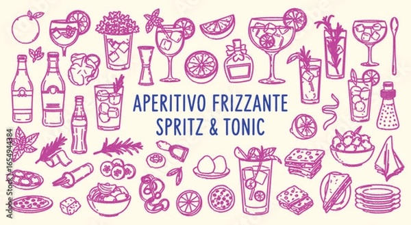 Fototapeta Sparkling Aperitivo. Spritz and Tonic. A vibrant hand drawn vector doodle collection of classic spritz and gin tonic cocktails for a modern bar menu, a party invitation or social media.