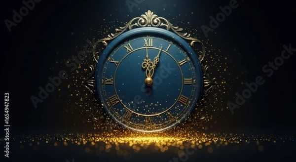 Fototapeta Elegant vintage clock with golden sparkles signifies approaching time and celebration