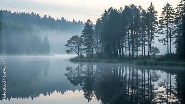 Obraz Serene Reflections: Tranquil Lake Scene with Misty Forest Landscape and Mirror-Like Water Surface Revealing the Beauty of Nature.
