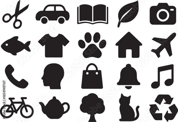 Fototapeta Silhouette icons pack including car, book, leaf, paw print, house, bell, head, cat, bag, tree, and t-shirt. Ideal for logo design, UI, infographics, and creative graphic projects.