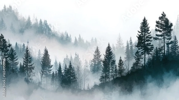 Fototapeta Ethereal Forest Landscape Painting with Foggy Atmosphere and Evergreen Trees in Blue and White Hues Artistic View