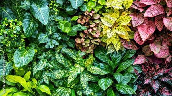 Fototapeta A vibrant, colorful, and lush green wall of various plant species, including tropical leaves and flowers, with a gradient of colors from green to pink and red