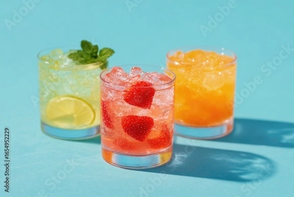 Fototapeta Brightly colored drinks with ice showcase refreshing flavors and