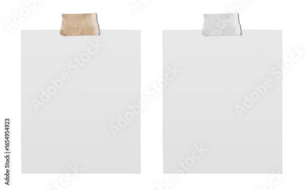 Fototapeta Empty note paper mockup, Message reminder card template isolated in transparent PNG, White paper with grunge ripped brown and white adhesive tape, Business office object - isolated design element