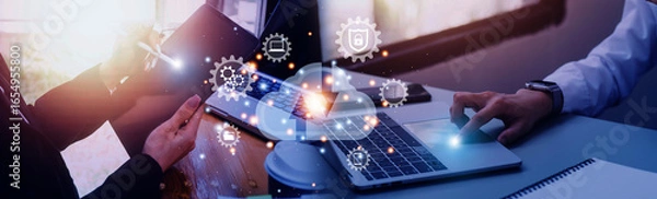 Obraz man showing virtual screen with cloud computing diagram. and Data storage. Networking and internet service concept.