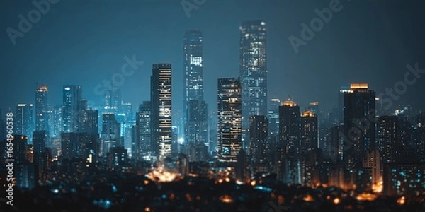 Fototapeta Aerial View of a Modern City Skyline at Night with Illuminated Skyscrapers, Urban Landscape and Bright Lights in the Background