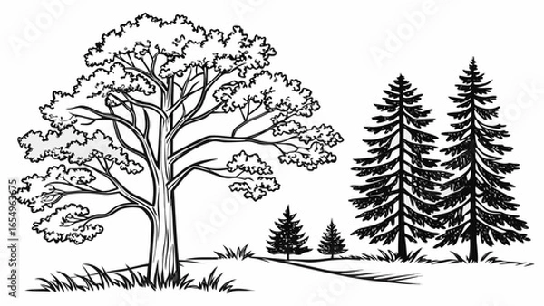 Fototapeta Monochrome Landscape Illustration with Deciduous Tree and Evergreen Trees in a Forest Setting Hand Drawn