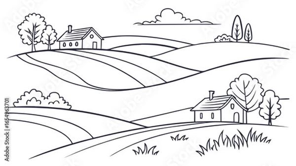 Fototapeta Hand Drawn Landscape with Hills Houses Trees and Clouds in a Simple Black and White Style