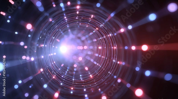 Fototapeta Stunning digital abstraction depicting swirling lights and particles, representing data flow and connectivity in a vibrant manner.
