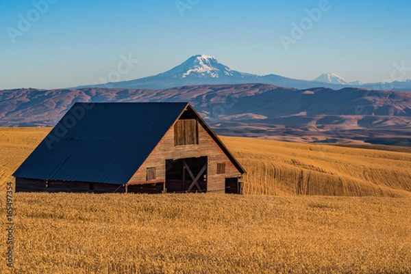 Fototapeta Abandoned Barn in the Wheat Field with Mt Adams in the Distance 