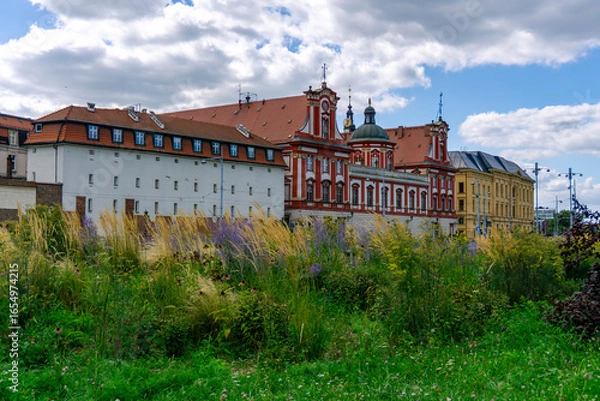 Fototapeta Baroque University Church in Wrocław with red and white façade, view from green meadow with flowers, historic architecture in the city center along the Oder River.
