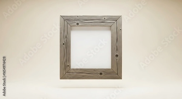 Fototapeta Rustic wood picture frame floats against a soft, neutral background, perfect for showcasing memories.