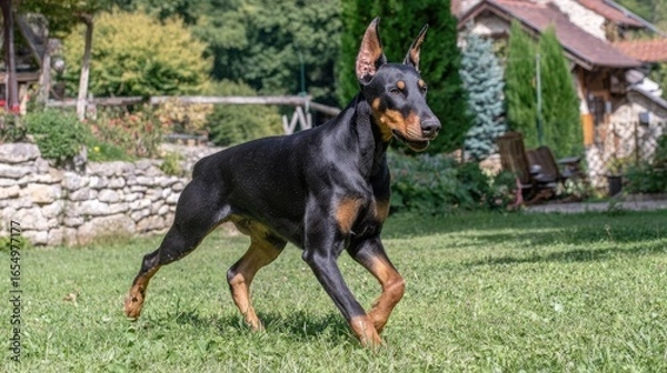 Fototapeta Black doberman pinscher running in a garden setting.