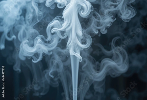 Fototapeta Swirling wisps of white smoke rising against a dark blue background creating abstract patterns
