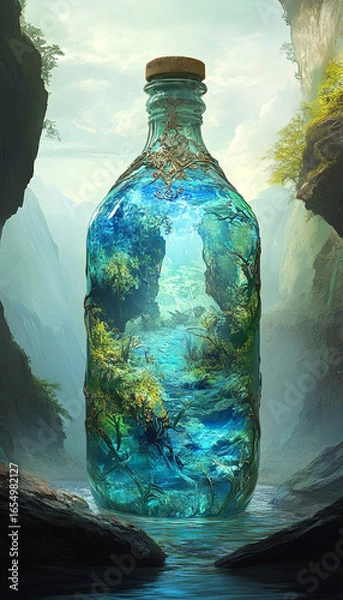 Obraz Enchanted Nature in a Bottle – Magical Fantasy Landscape Captured in Glass. water bottle image manipulation