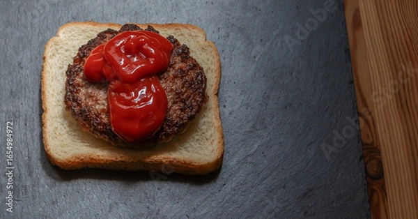 Fototapeta Close-up of a juicy, classic hamburger with generous squeeze of red ketchup. Concepts: Fast food, comfort food, American cuisine, junk food.