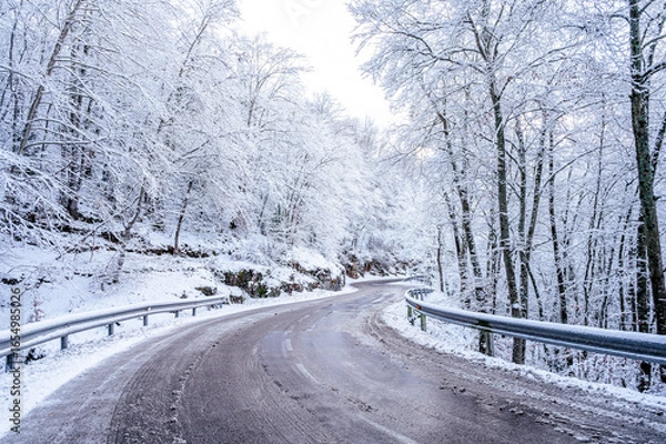 Fototapeta Beautiful road winter landscape with snow on the trees