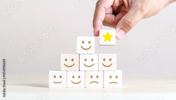 Fototapeta Hand Topping Pyramid of Smiley Blocks with Golden Star