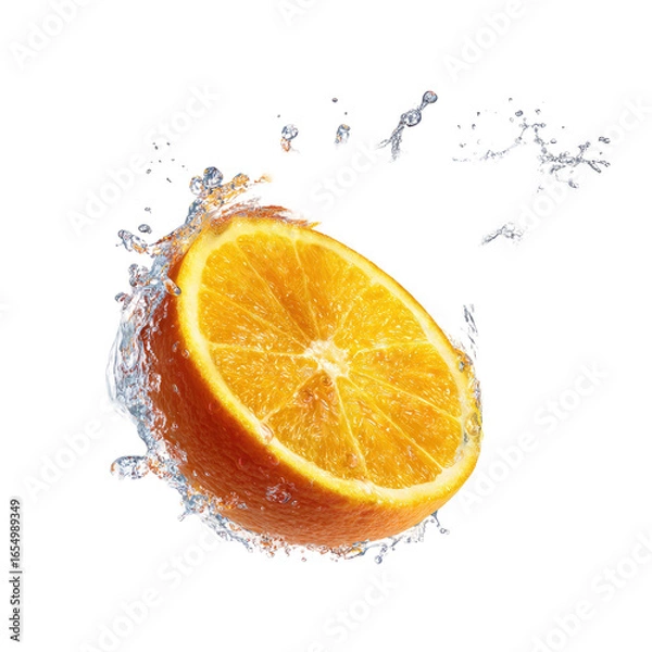 Fototapeta Slice of orange submerged, causing water splash, isolated on black background