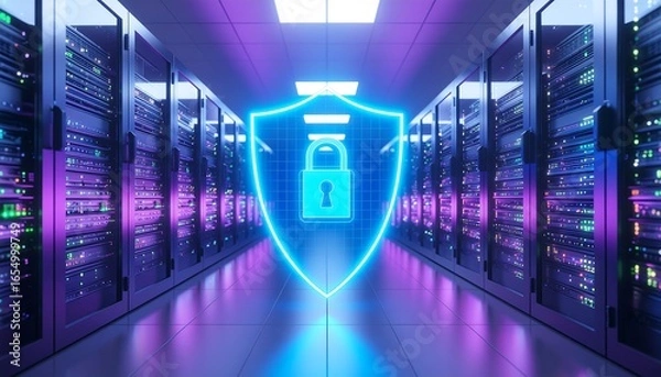 Fototapeta Data Center Security: Shield and Padlock Illustration.