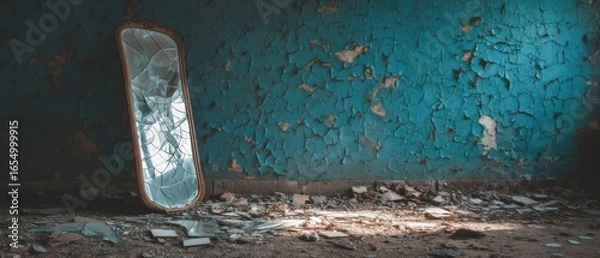 Fototapeta Broken Mirror Leaning Against Peeling Blue Wall in Abandoned Building Low Angle Shot of Shattered Glass and Decay