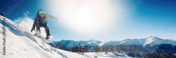 Obraz Snowboarder Jumping on Mountain Wide Banner