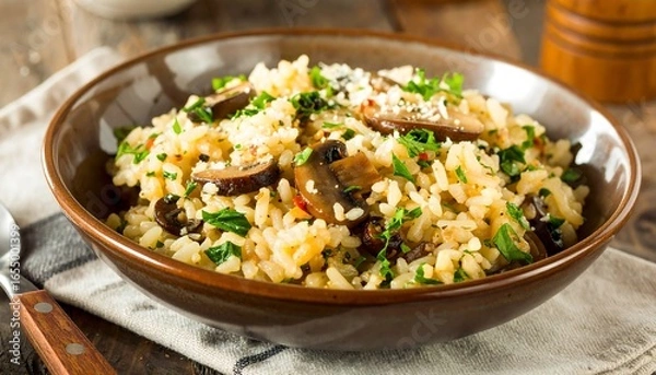 Fototapeta Creamy mushroom risotto, garnished with fresh herbs and cheese, is served in a rustic bowl.