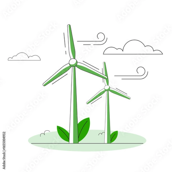 Fototapeta Wind turbines green landscape with clouds and wind lines, symbolizing renewable energy and sustainability. illustration features two turbines with green accents, emphasizing eco friendly power