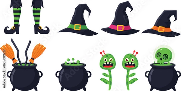Obraz Halloween cartoon icons set with witch hats, legs, cauldrons, potions, brooms, monsters, and spooky skulls, perfect for decorations