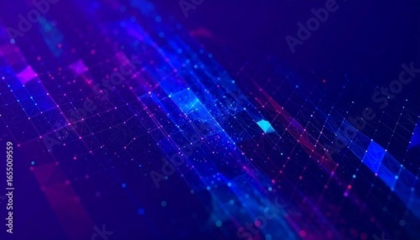 Fototapeta A dynamic display of interconnected, vibrant shapes and glowing lines forming a complex network against a dark, rich background.