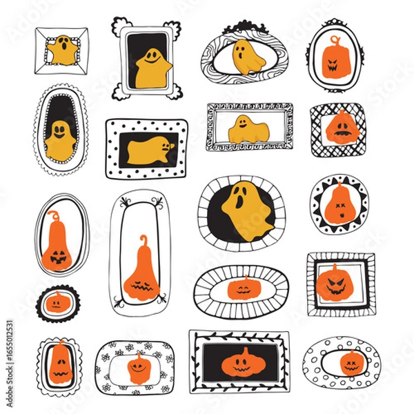 Fototapeta Cute pumpkins in ghosts characters in vintage frames set. Portraits of pumpkins and ghosts. Autumn pumpkins and ghosts set isolated on white background. Pictures for Halloween cards. Vector