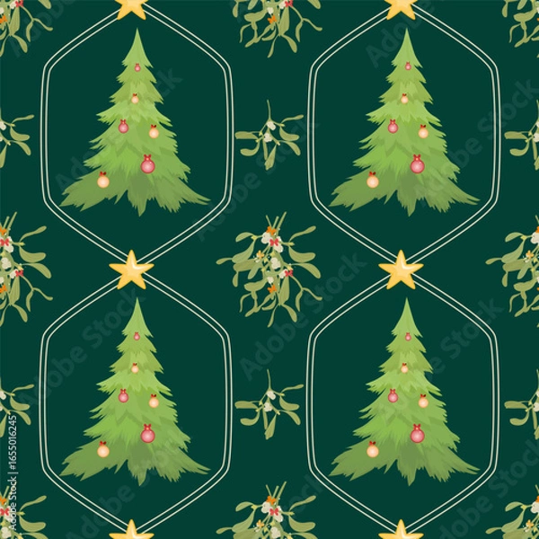 Fototapeta Festive seamless vector pattern with decorated Christmas trees, mistletoe sprigs, and golden stars on a dark green background, perfect for 2026 holiday designs and seasonal decorations.