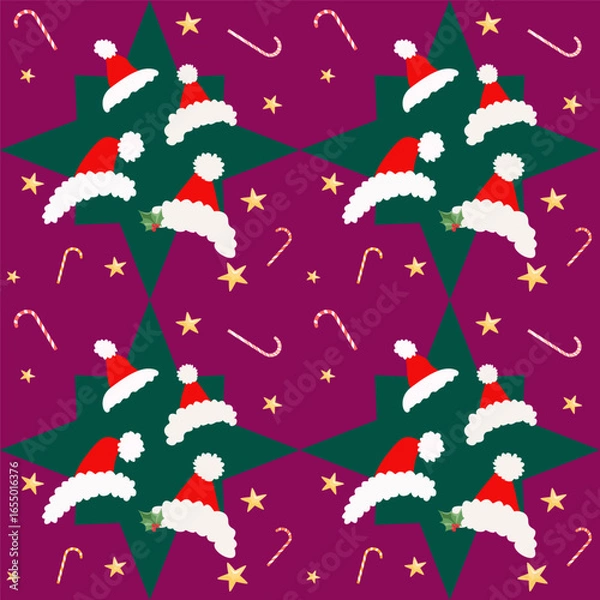 Fototapeta Seamless festive checkered vector pattern with Santa hats and golden stars on purple and dark squares, ideal for Christmas 2026 decor, textiles, gift wrap, and seasonal holiday design.